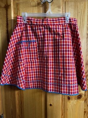 Red Plaid Handmaid Apron with Blue Trim
